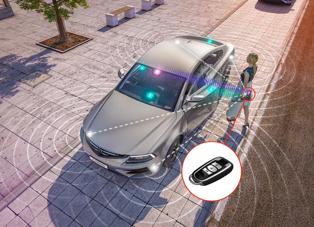 A woman stands on the sidewalk next to a parked silver car with digital waves and blue lights illustrating the vehicle's sensor or smart key technology. Nearby, there is a tree and benches along the paved street.